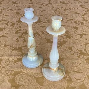 Set of 2 cream and gold marble candleholders from USSR